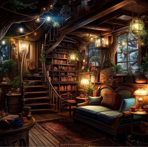 Fantasy Home Interior Concept Art, Fantasy Treehouse Interior, Fantasy House Interior Art, Fantasy Interior Design, Fantasy Cottage Interior, Fantasy Apartment, Fantasy House Interior, House Concept Art, Casa Fantasy