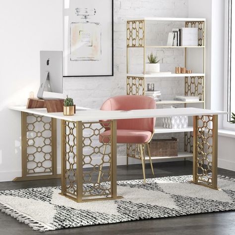 CosmoLiving by Cosmopolitan Ella L-Shape Desk & Reviews | Wayfair Utila, White L Shaped Desk, Feminine Home Offices, L Desk, Cozy Home Office, Cosmoliving By Cosmopolitan, Trellis Design, L Shaped Desk, White Desks