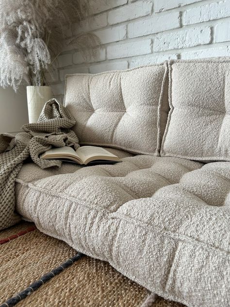 French Boucle Floor Cushion Floor Sofa: Seat With Backrest - Etsy Floor Futon, Floor Couch, Low Sofa, Cushion Floor, Floor Sofa, Floor Sitting, Cozy Sofa, Sofa Seat, Comfy Couch