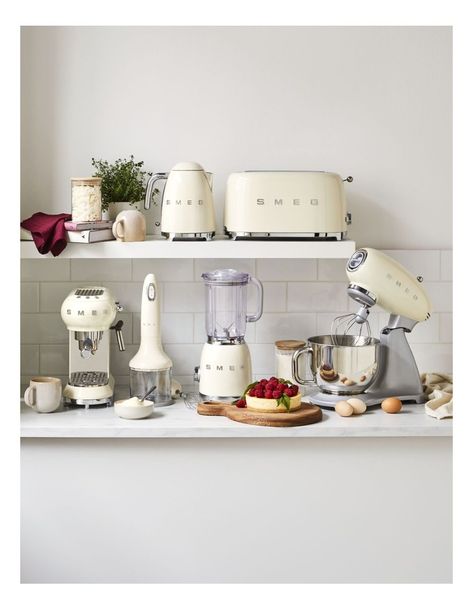 Smeg 50s Style Manual Coffee Machine In Cream ECF01CRAU | MYER Cream Kitchen Appliances, Cream Smeg, Smeg Coffee Machine, Smeg Cream, Smeg Blender, Smeg Coffee, Smeg Stand Mixer, Smeg Kettle, Farmhouse Kitchen Interior