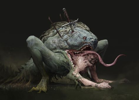 ArtStation - Toad (Undigested), Maciej Janaszek Giant Toad, Fallen Warrior, Dead Person, Dark Creatures, Evil Witch, Seni 3d, 다크 판타지, Monster Concept Art, Arte Obscura
