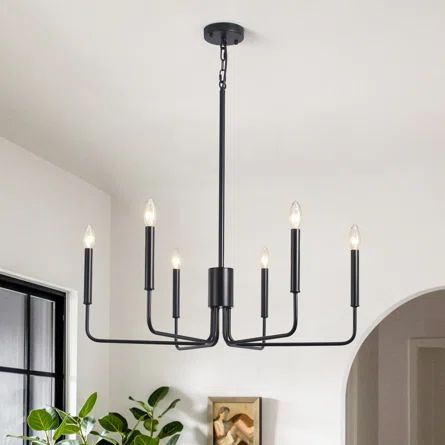 Gracie Oaks Roxsanne 6 - Light Candle Style Classic Chandelier | Wayfair Black Dining Room Light Fixture, Hanging Candle Lights, Modern Farmhouse Chandelier, Dining Room Light Fixture, Modern Farmhouse Lighting, Farmhouse Candles, Dining Chandelier, Classic Chandelier, Black Light Fixture