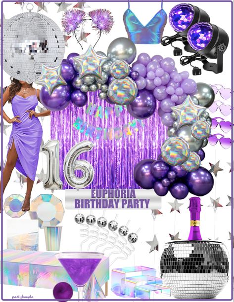 Euphoria Sweet 16, Euphoria Party Decoration, Sweet 16 Birthday Party Ideas, Sweet Sixteen Party Themes, Sweet 16 Party Planning, Sweet Sixteen Decorations, 17th Birthday Party Ideas, Purple Sweet 16, Euphoria Party