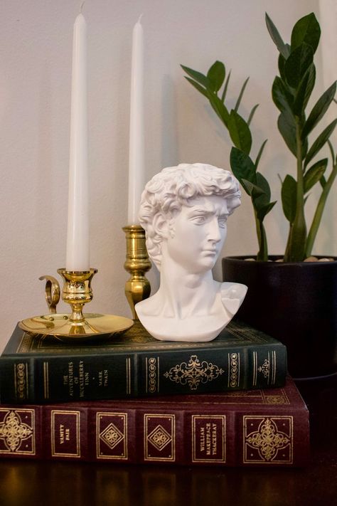 Michelangelo's David Bust Statue - 6 inches tall, durable resin, sophisticated decoration Greek God Aesthetic, Dark Academia Photos, Office Bookshelf Decor, Mythology Decor, Dark Academia Home Decor, Dark Academia Home, Greek Bust, David Bust, Dark Academia Room