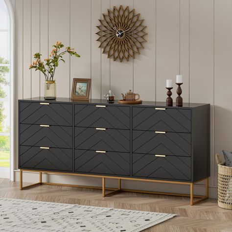 PRICES MAY VARY. STYLISH DESIGN: The storage dresser is designed in herringbone, add a unique design touch to drawer surfaces. Complete with golden handles and the smooth Silent metal guide rail, which is long-lasting and durable. AMPLE STORAGE SPACE: The bedroom dressers has 9 drawers, which provide ample space for your daily storage. The large nine drawer storage cabinet can store a variety of clothing products. The top storage space can store ornaments, cosmetics, TV and other everyday items. Black Dresser Decor, Storage Cabinet For Bedroom, Cabinet For Bedroom, Dresser Black, Large Chest Of Drawers, Storage Dresser, Black Dressers, Dresser Storage, 9 Drawer Dresser