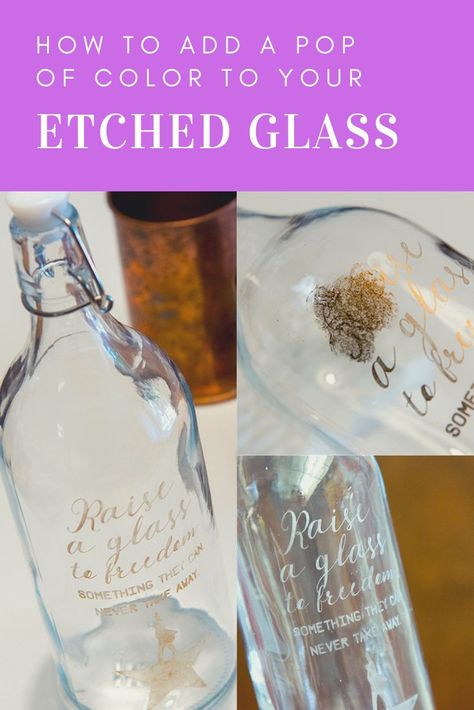 Make your etched glass really stand out with a pop of color using this one simple trick! #Cricut #SilhouetteCameo MoreThanThursdays.com Diy Whiskey Glass Etching, Glass Etched Christmas Ornaments, Etched Glass Cricut Ideas, Wine Bottle Etching Ideas, Christmas Etching Ideas, How To Add Color To Glass Etching, Colored Etched Glass Diy, How To Color Etched Glass Diy, How To Etch Glass With Cricut