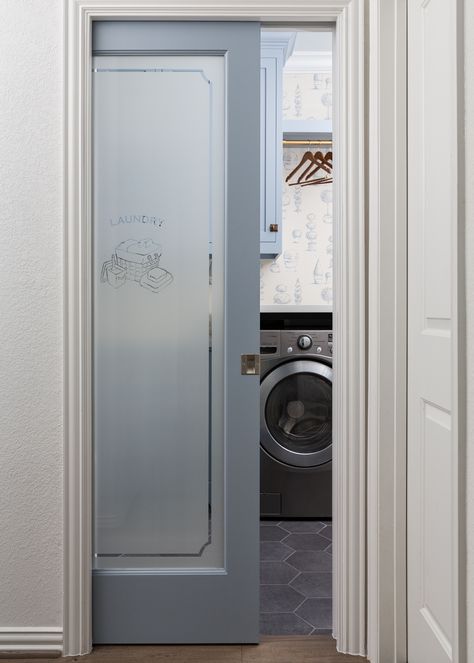 Laundry Room Behind Door Storage, Hallway Laundry Closet Doors, Pocket Door To Laundry Room, Second Fridge In Laundry Room, Laundry Exterior Door, Laundry Pocket Door Ideas, Laundry Room With Pocket Door, Laundry Room Pocket Door Ideas, She Shed Laundry Room