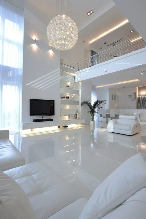 Transform Your Space: 20 Modern Living Room Ideas for a Luxurious White Interior Uk House Interior Design, White Modern Living Room Luxury, House Designing Interior, Big Fancy Living Room, Nice Cozy House, Modern White House Interior Design, White Modern Luxury Living Room, Luxurious White Living Room, White Mansion Interior