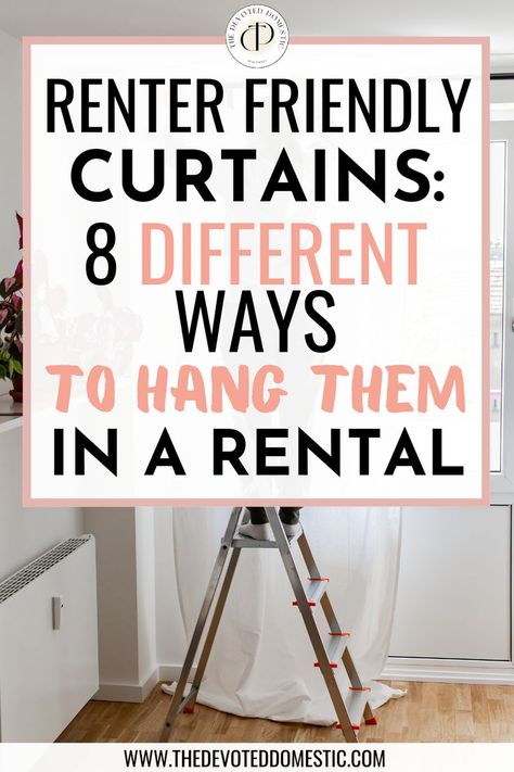 Ready to learn how to hang curtains in a rental? Here are 8 DIFFERENT ideas for renter friendly curtains that'll let you have your privacy without risking your security deposit! Curtain Rod Ideas For Apartments, How To Hang Curtain From Ceiling, Renter Hacks Apartments Curtain Rods, Curtain Rods For Renters, Diy Curtain Rods Command Hooks, Curtains Wall To Wall, Rent Friendly Curtain Rod, No Curtain Rod Curtains Ideas, Makeshift Closet With Curtain