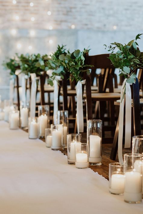 Wedding White Chair Decorations, Lings Moment White And Sage, Unique Wedding Lighting Ideas, White Wedding Aisle Runner, Rose Petal Lined Wedding Aisle, Flower Box Wedding Aisle, Modern Wedding Greenery, Patio Ceremony Wedding, Small Budget Wedding Decor