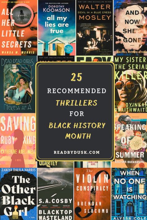 A black square with the text 25 recommended thrillers for Black History Month and readbydusk.com surrounded by book covers Thriller Books, Books By Black Authors, Writing Groups, Bible Study Help, Recommended Books To Read, Black Authors, Ebook Marketing, Literature Books, Black Books