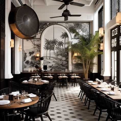 Black And White Colonial, Modern Colonial Interior, Warm Dining Room, Colonial Interior Design, Contemporary Colonial, Boutique Hotels Interiors, Funky Food, British Colonial Decor, Colonial Interior