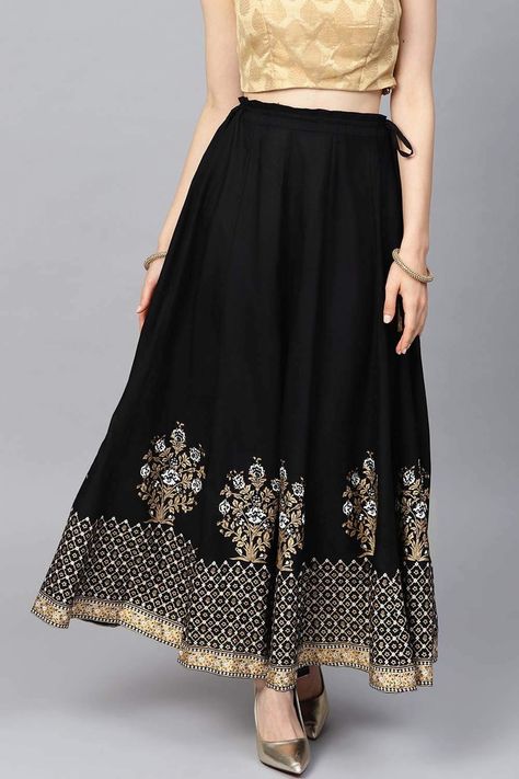 Buy Women's Cotton Blend Flared Maxi Skirt in Black Ethnic Skirts, Designer Skirt, Flare Maxi Skirt, Indian Skirt, Ribbon Skirts, Indian Wedding Wear, Kurti Neck Designs, Maxi Skirt Black, Viscose Rayon