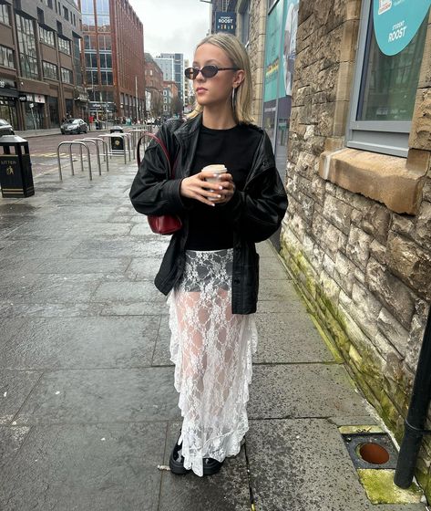 Lace skirts > 😎 @prettylittlething #classofplt #ad #ootd Sheer Lace Skirt Outfit, Lace Maxi Skirt Outfit, White Lace Skirt Outfit, Lace Skirt Outfit, Lace Top And Skirt, Lace Long Skirt, Lace Skirt Outfits, Lace Skirts, Lace Clothing