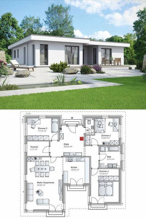 Bungalow Modern House Design, Layout Design Architecture House Plans, House Plan Bungalow, Bungalow Plan, Modern Bungalow House Plans, Modern Bungalow House Design, Modern Residential Architecture, Flat Roof House, Bungalow Floor Plans