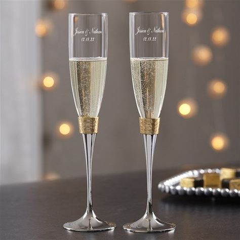 Engraved Champagne Flutes, Sipping Champagne, Gold Champagne Flutes, Personalization Mall, Personalized Champagne Flutes, Wedding Champagne Glasses, Elegant Couple, Wedding Champagne, Wedding Champagne Flutes