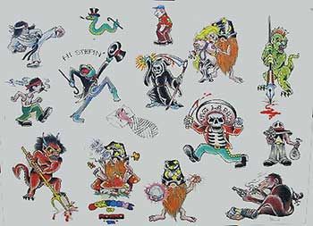 Cartoon Flash by Rollo (Mike Malone) Vintage Tattoo Flash : Marketplace for Authentic Tattoo Flash Tattoo For Baby, Cartoon Flash Tattoo, Evil Tattoo Ideas, Flash Tattoo Ideas, Authentic Tattoo, Cartoon Flash, Mike Malone, Hop Tattoo, Trad Flash