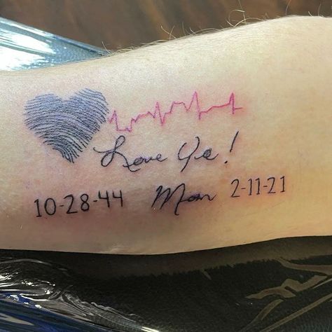 93 Heartbeat Tattoo Designs- A Pulse of Emotion in Every Stroke - Psycho Tats Memorial Daughter Tattoo, Ekg Tattoo Ideas Heartbeat, Memorial Tattoo Mom, Heartbeat Tattoo Memorial, Mother Memorial Tattoos, Heartbeat Tattoo Ideas, Mom Memorial Tattoo, Heartbeat Tattoos, Memorial Tattoos Mom