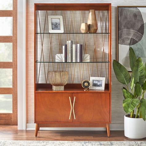 Mid Century Modern Display Cabinet, Mid Century Modern Glam Living Room, Mid Century Modern Dining Room Decor, Mid Century Living Room Ideas, Mid Century Dining Room Decor, Display Cabinet Living Room, Apartment Cabinets, Midcentury Cabinet, Dining Room Display Cabinet