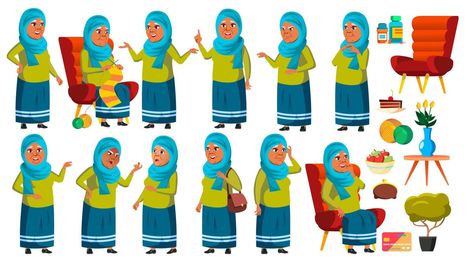 Arab, Muslim Old Woman Poses Set Vector. Elderly People. Senior Person. Aged. Cute Retiree. Activity. Advertisement, Greeting, Announcement Design. Isolated Cartoon Illustration Woman Poses, Announcement Design, Elderly People, Old Woman, Female Poses, Cartoon Illustration, Old Women, Design Bundles, Vector Art