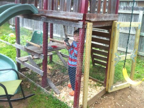 this is exactly what I plan to do with our play set- turn it into a coop Play Set Chicken Coop, Playground Chicken Coop, Kids Jungle Gym, Chook Pen, Play Structures For Kids, Backyard Redo, Playground Landscaping, Swing Sets For Kids, Kids Forts