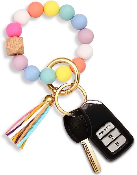 NVENF Silicone Bead Keychain Bracelet Large Keyring Elastic House Car Key Ring Wristlet Bangles(Rainbow) at Amazon Women’s Clothing store Fimo, Silicone Bead Keychain, Key Ring Bracelet, Keychain Bracelet, Bead Keychain, Key Ring Holder, Car Key Ring, Portable House, Wooden Bracelet