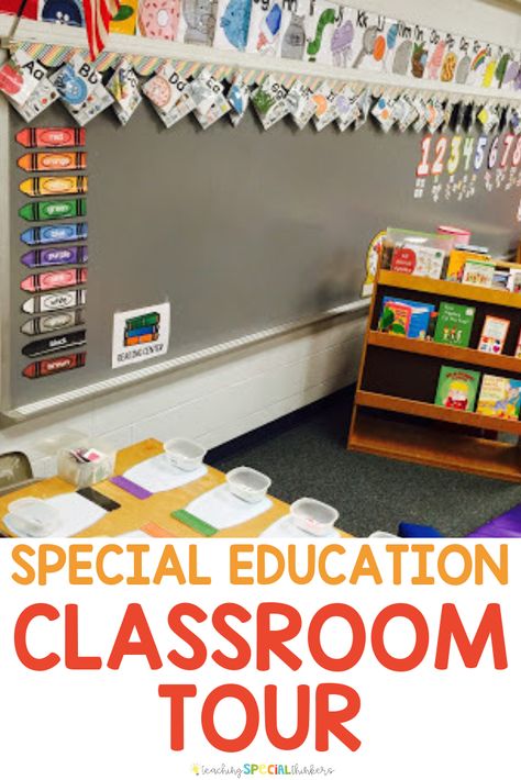 Need set-up ideas for your elementary special education classroom? This classroom tour is packed with photos and ideas for how to set up a space dedicated to your students needs. Lots of structure, visuals, and centers in this space. #backtoschool #classroomtour #elementaryspecialeducation Cdc Classroom Ideas, Classroom Core Board, Classroom Decorations Special Education, Special Classroom Decor, Pecs Organization Special Education, Math For Special Needs Students, Integrated Preschool Classroom, Kindergarten Sped Classroom, Classroom For Special Needs Ideas