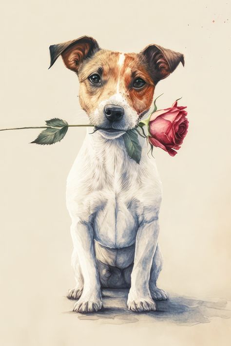 We present you a drawing of a Jack Russell Terrier with a rose in its mouth that could be the perfect gift for St Valentine’s Day or serve as a matching artwork in home décor design. Jack Russell Terrier Art Prints, Jack Russell Terrier Painting, Drawing Jack Russell Terrier, Watercolor Jack Russell Terrier, Jack Russell Art, Jack Russel Drawing, Jack Russell Terrier Drawing, Jack Russell Drawing, Valentine Artwork