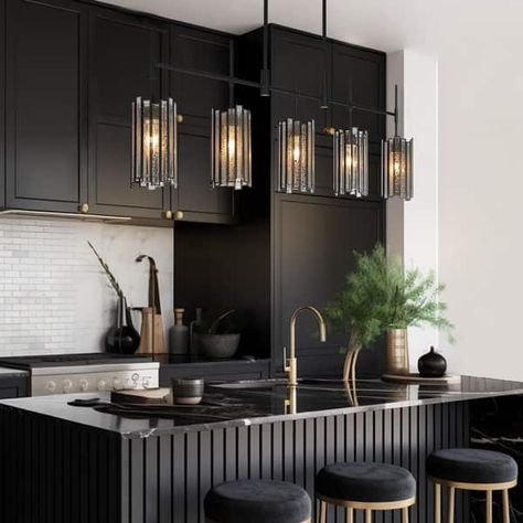 Tifany Modern 5-Light Black Chandelier Linear Colored Glass Kitchen Island Lights - L45"* W4.3"* H16.2" - On Sale - Overstock - 37669113 Chandelier Candle, Black Kitchen Island, Ideal House, تصميم للمنزل العصري, Rectangle Chandelier, Modern Transitional, Kitchen Inspiration Design, Kitchen Pendant Lighting, Interior Modern