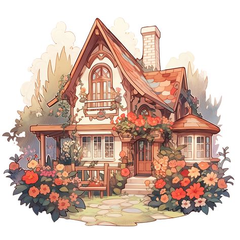 Cozy Cottage with Summer Flowers in Rustic and Cottagecore Style Cute House Cottagecore, Cute Cottage House Drawing, Cute Cottage Drawing Simple, Detailed House Drawing, Cozy Fall Drawings, Fantasy Cottage Drawing, House With Flowers Drawing, Cottage Home Aesthetic Exterior, Cottagecore House Outside