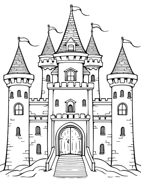 Fairy Tale Painting Ideas, Castles Drawing Sketches, Castle Coloring Pages Free Printable, Easy Castle Painting, Fantasy Castle Drawing Easy, Cute Castle Drawing, How To Draw Castle, Castle Drawing Ideas, How To Draw A Castle