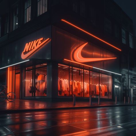 Nike corner store with orange neon signs and strips of led on display. Made with #midjourney #nike #architecture #nikestore #AI Nike Store Aesthetic, Orange Signage, Orange Neon Aesthetic, Light Signage, Lightbox Signage, Orange Store, Nike Noir, Light Box Sign, Neon Signage
