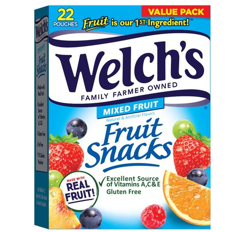 At Welch’s Fruit Snacks we always use Real Fruit as the First Ingredient, that’s why our fruit snacks are bursting with delicious taste. With over 10 mouthwatering Welch’s Fruit Snacks flavor varieties to love, it’s easy to find your family's favorite! Perfect tasty snack for school lunches, sporting games, the office and more. Welch’s Fruit Snacks bring a burst of delicious taste and a bright spot to your day. Contains 22 pouches of Welch's Fruit Snacks, Mixed Fruit Variety Made with Whole Frui Gluten Free Snacks, Snacks For School Lunches, Welches Fruit Snacks, Fruit Fruit, Free Fruit, Fruit Mixes, Fruit Puree, Free Snacks, School Lunches