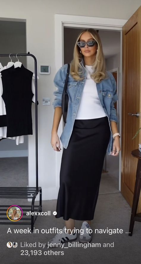 Styling A Black Satin Midi Skirt, Casual Black Satin Skirt Outfit, Flowy Skirt Outfit Work, Black Satin Midi Skirt Outfit Spring, Satin Dress As Skirt, Style Silk Midi Skirt, Satin Navy Skirt Outfit, Black Long Maxi Skirt Outfits, Silk Midi Skirt Outfit Fall