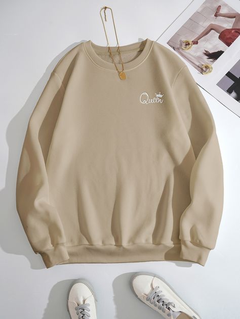 Khaki Casual Collar Long Sleeve Fabric Letter Pullovers Embellished Non-Stretch  Women Clothing Stylish Sweatshirts For Women, Sweater Outfits Men, Simple Sweatshirt, Trendy Hoodies, Stylish Hoodies, Women Sweatshirts, Looks Street Style, Fashionista Clothes, Causual Outfits