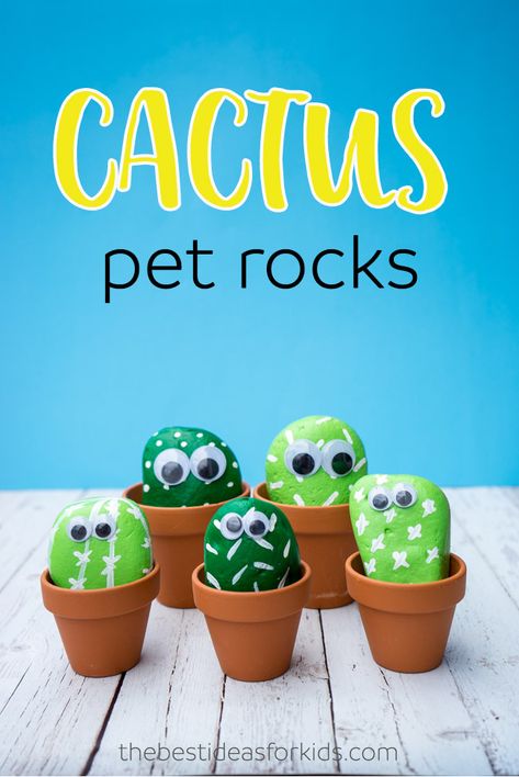 These pet cactus rocks are so cute! Such a fun kids craft! Perfect DIY activity to make your own cactus rocks.  via @bestideaskids Cactus Rocks, Profitable Crafts, Pet Projects, Pet Rocks, Diy Activities, Crafts To Make And Sell, Camping Crafts, Cowboy Western, Mason Jar Diy