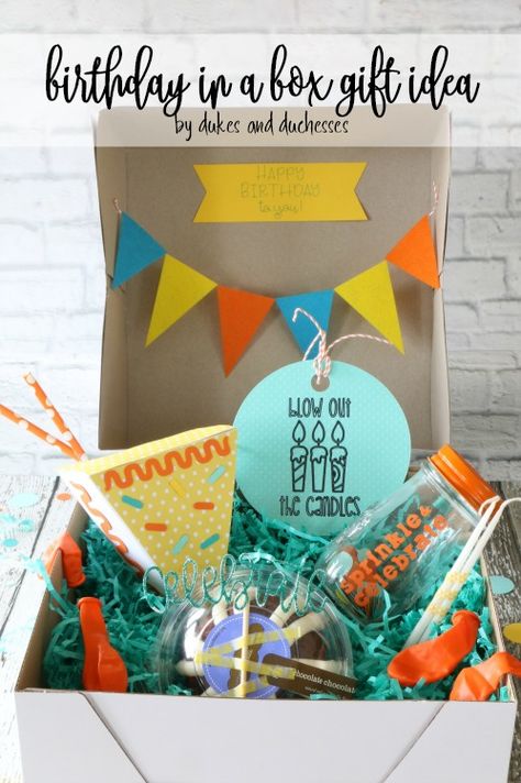 birthday in a box gift idea Diy Birthday Box Ideas For Him, Birthday In A Box Ideas Diy, Birthday Kit Ideas, Birthday Boxes Ideas, Birthday In A Box Ideas, Party In A Box Ideas Diy, Party In A Box Ideas, Party Box Ideas, Birthday Box Diy