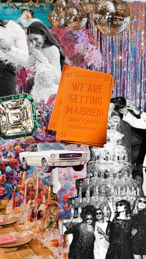 Engagement Party Mood Board, Eclectic Engagement Party, Wedding Collage Aesthetic, Funky Wedding Theme, Engagement Mood Board, Funky Wedding Decor, 70s Mood Board, Muppet Wedding, Wedding Mood Board Ideas
