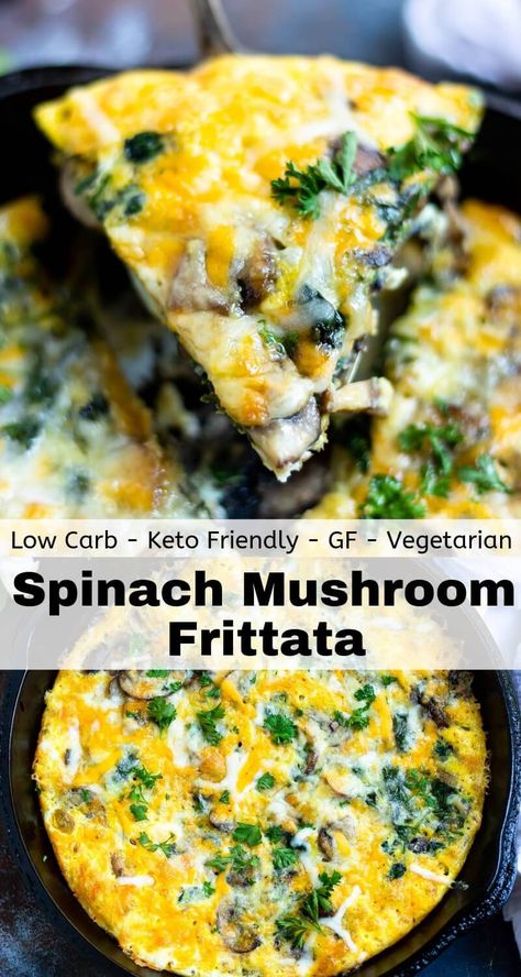 mushroom spinach frittata recipe photo collage Mushroom Spinach Frittata, Spinach Mushroom Frittata, Fritata Recipe, Spinach Frittata Recipes, Mushroom Frittata, Monday Dinner, Meatless Monday Dinner, Cena Keto, Spinach Frittata