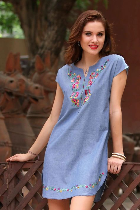 Western Party Wear Dresses, Embroidered Blue Dress, Western Party Wear, Cotton Short Dresses, Attractive Dresses, Spring Dresses Casual, Trendy Tops For Women, Bodycon Dress With Sleeves, Printed Cotton Dress
