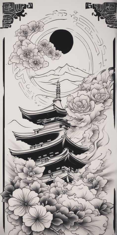 The image showcases a striking black and white Japanese tattoo in Neo-traditional style over a blank canvas. The solid black strokes blend seamlessly with intricate white lines, creating a visually engaging and artistic representation. Japanese Pencil Drawing, Japanese Line Art Tattoo, Japanese River Tattoo, Japanese Cherry Blossom Tattoo Black And White, Black And Grey Cherry Blossom Tattoo, Backgrounds For Tattoos, Japanese Drawing Ideas, China Tattoo Ideas, Japanese House Tattoo