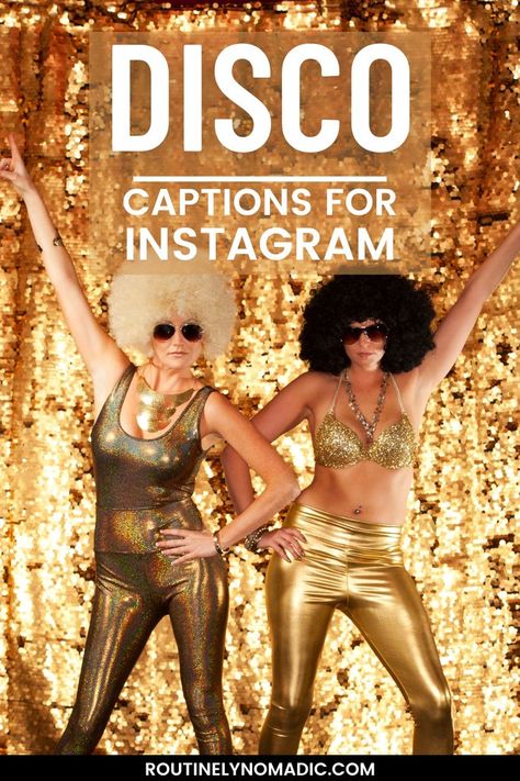 People in 70's costumes dancing with words Disco Captions for Instagram Disco Captions, Disco Quotes, Disco Party Outfit Ideas, 70’s Theme Party, Party Captions, Disco Party Outfit, Disco Theme Party, 70’s Disco, 70s Disco Party