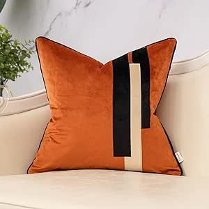 Yangest Burnt Orange Decorative Velvet Throw Pillow Cover Striped Patchwork Cushion Case Modern 18x18 Inch Pillowcase for Sofa Couch Bedroom Living Room Home Decor Orange Couch, Cloth Texture, Couch Bedroom, Living Room Orange, Orange Throw Pillows, Geometric Cushions, Patchwork Cushion, Orange Pillows, Stripe Throw Pillow