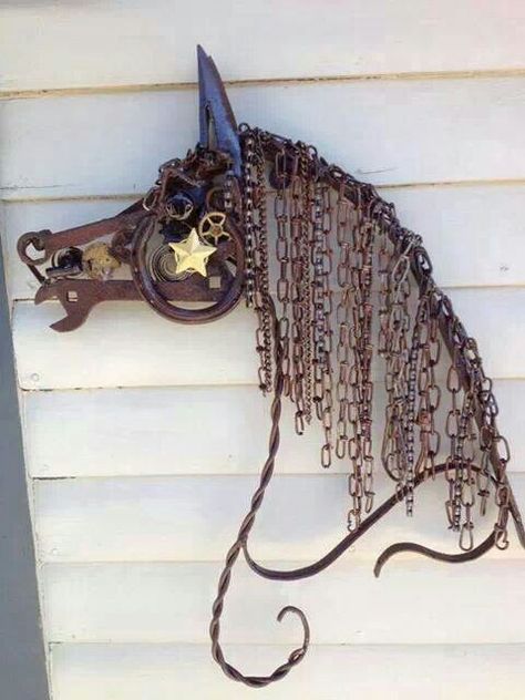 Old chains and other junk make something quite recognizable and charming!  (Sorry, but I can't find the source. It must've gotten lost while being pinterested.) Junk Art, Metal Yard Art, Horseshoe Art, Horseshoe Crafts, Welding Art Projects, Horse Crafts, Metal Tree Wall Art, Sculpture Metal, Metal Garden Art