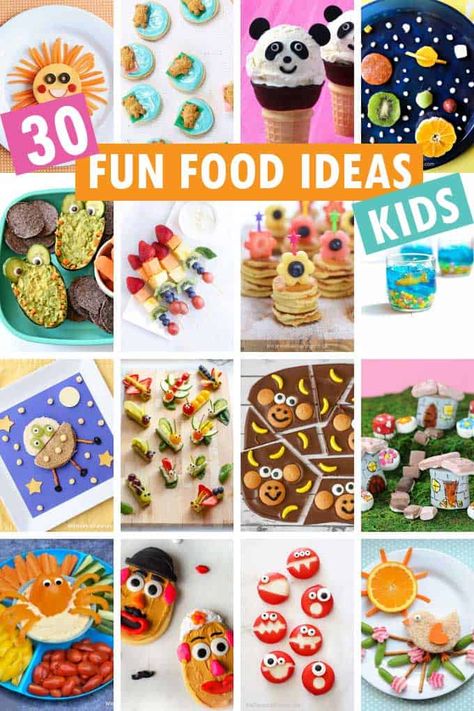 30 FUN FOOD FOR KIDS IDEAS -- Creative food ideas to get kids in the kitchen and keep busy. Lunch, breakfast, snacks, desserts, dinner. Creative Snacks For Preschoolers, Summer Food Crafts For Kids, Creative Snacks For Kids, Food Art Lunch, Creative Food Ideas, Fun Food For Kids, Food Ideas For Kids, Fun Kid Lunch, Fun Food Ideas