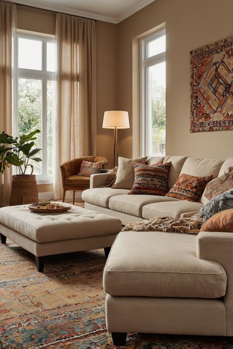 Finding warmth and comfort in 2024 with Kilim Beige SW 6106! Discover daily routines and interior design tips from a seasoned professional. #Ad #homedecor #homedesign #wallpaints2024 #Painthome #interiorarchitecture Wall Colors Green Living Room Colors Bright Living Room Colors Apartment Renovation Living room Remodeling Modern Paint Colors 2024 Tan Color Living Room, Caramel Walls Living Room, Living Room Beige Couch Color Schemes, Living Room Painted Ceiling, Beige Orange Living Room, Warm Room Colors, Brown Interior Design Living Room, Brown Accent Wall Living Room, Brown Tones Living Room