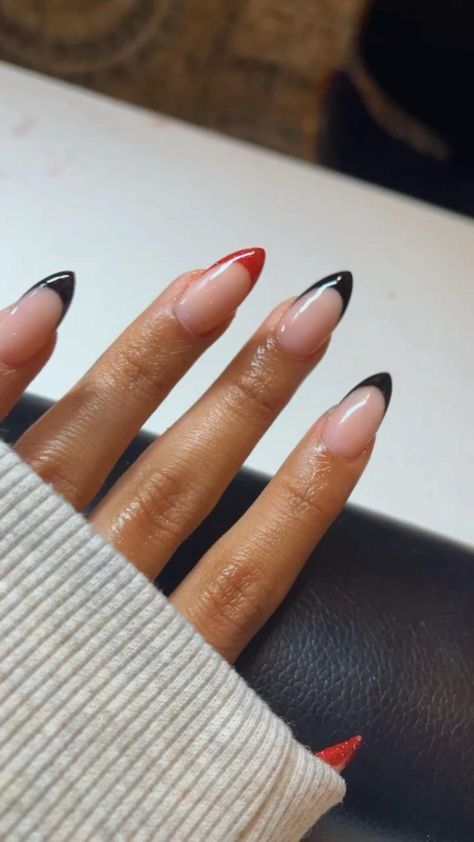 Arresting Red and Black Nail Designs Ideas 2023 ||Red And Black Nails 2023 Nail Art Vermelho, Nails Red And Black, Red Tip Nails, Black Nail Tips, Black Prom Nails, Red Black Nails, Almond Nails Red, Black Acrylic Nail Designs, Black French Nails