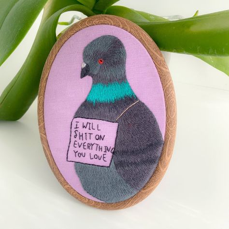 Finished embroidery funny pigeon funny wall decor | Etsy Meme Embroidery Designs, Pigeon Embroidery, Funny Pigeon, Pigeon Funny, Modern Needlepoint, Funny Wall Decor, Pet Frame, Embroidery Funny, This Meme