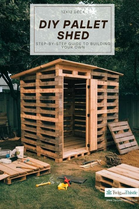 DIY pallet shed guide. This step-by-step tutorial will teach you how to build a pallet shed from scratch, using affordable and sustainable materials. Learn about different designs, from diy pallet shed outdoor storage to pallet garden shed diy projects. Our guide covers everything from the foundation to the roof, including tips for creating a sturdy diy pallet shed floor. Visit the blog post to start building your functional and stylish pallet shed today. Visit now: Twigandthistle.com Shed Pallets Diy, Cabinet Made From Pallets, Pallet Wood Shed Plans, Pallet Sheds Buildings, Diy Pallet Shed Outdoor Storage, Diy Garden Shed Cheap, Chicken House From Pallets, Pallet Bike Shed, Things To Build Out Of Pallets