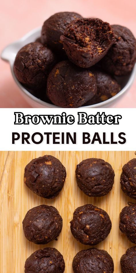 Protein brownie balls on a wooden cutting board. Protein Balls No Bake, Protein Powder Brownies, Protein Brownies Recipe, High Protein Snack Recipes, Chocolate Protein Bites, Protein Bites Recipe, Protein Balls Recipe, Protein Snacks Recipes, Protein Powder Cookies